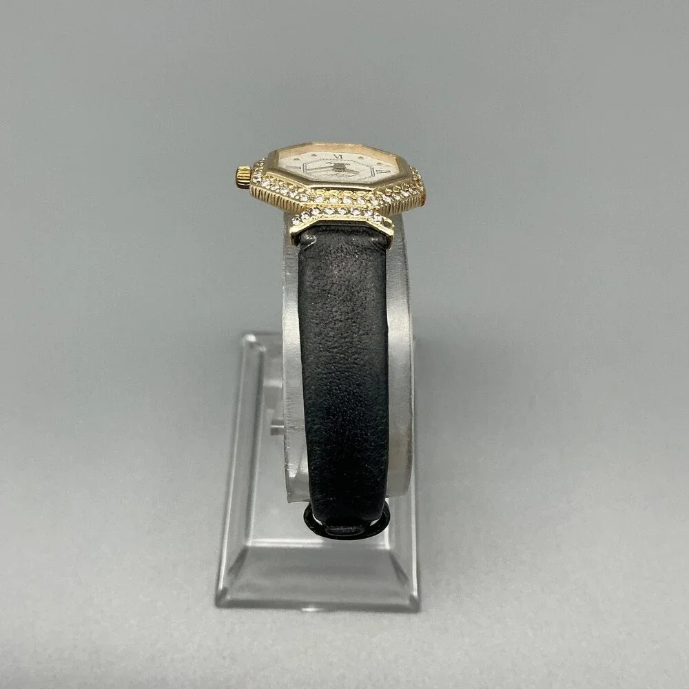 Allegro Womens Watch 22mm White Dial 14K Diamond Bezel Black Leather New Battery